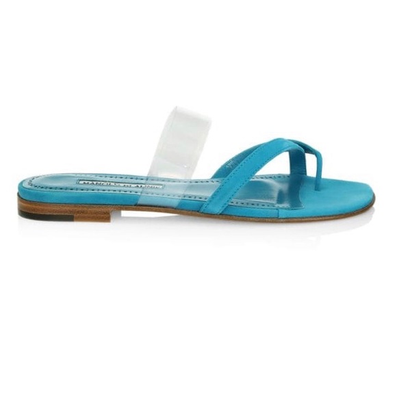 New Manolo Blahnik Blue Teal Susina Crisscross Toe-Strap Flat Sandals Size 37 - Picture 2 of 12